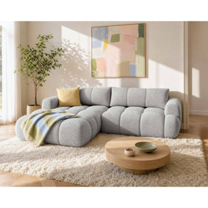Yulin - Canapé d'angle gauche 4 places convertible avec coffre en tissu bouclette - Gris clair
