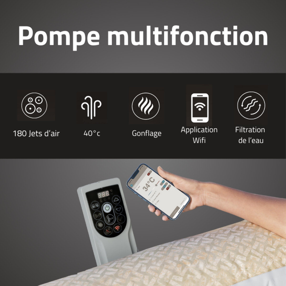 Bestway Spa gonflable carré Lay-Z-Spa Rome Smart AirJet EnergySense avec WiFi 5-7 personnes