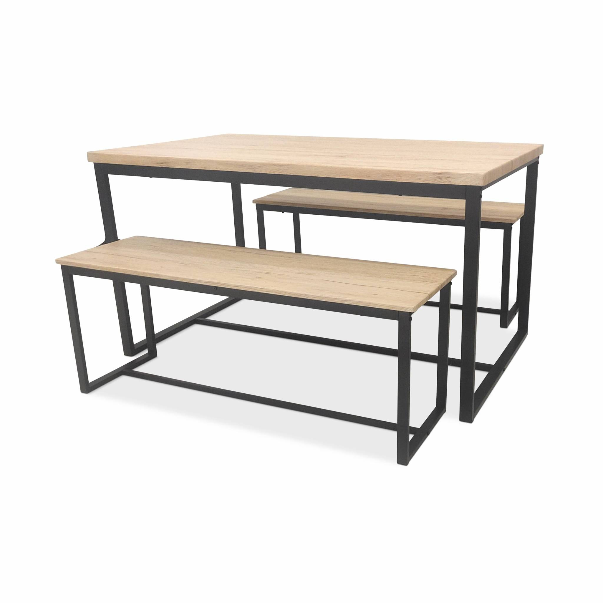 Set LOFT table rectangulaire en acier noir L140x l80 x H75cm. 2 bancs de L120x l35x H46cm. 4 places