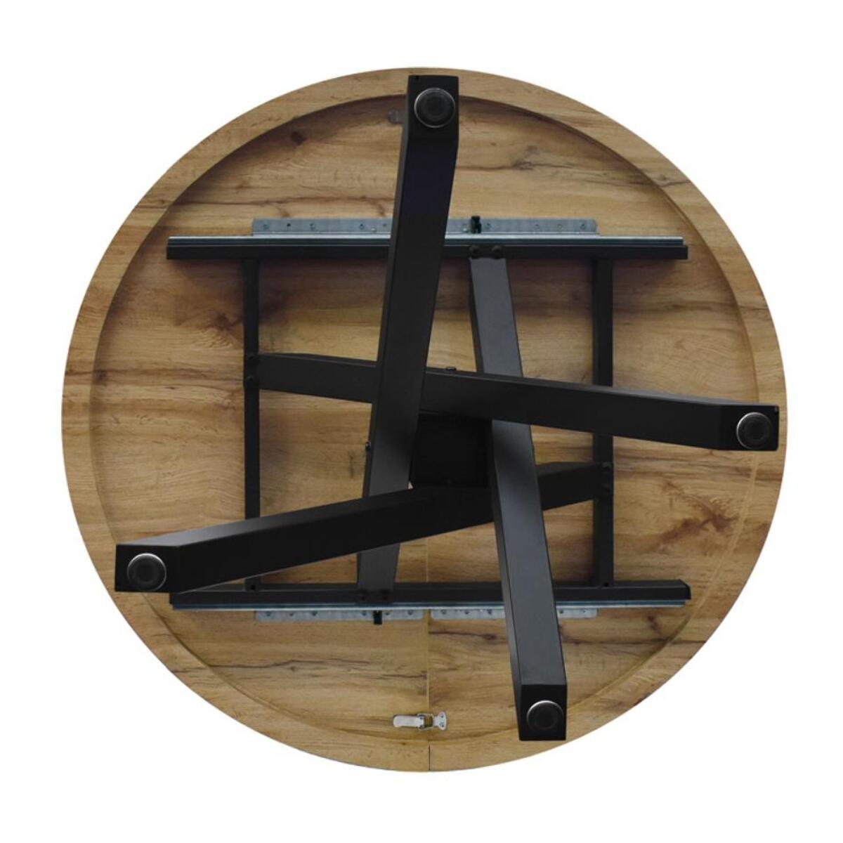 Tavolo rotondo POLA in legno, finitura rovere rustico e gambe incrociate in metallo nero, allungabile Ø100xH75 cm - 140x100x75 cm