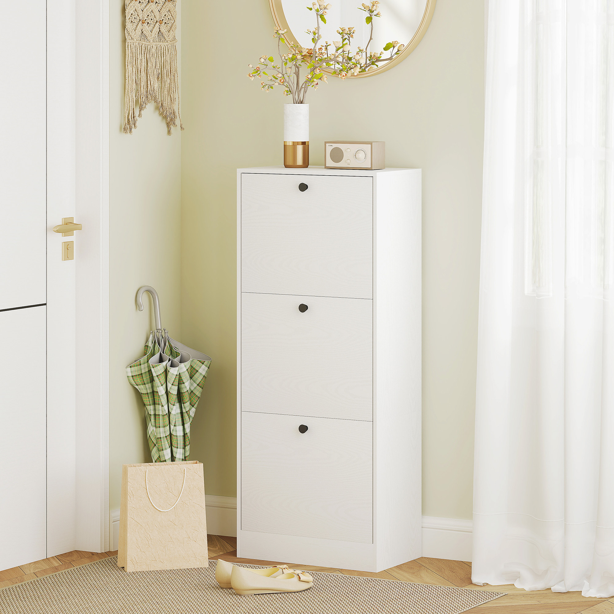 Zapatero Estrecho con 3 Puertas Abatibles Zapatero Entrada Recibidor con Estantes Ajustables para 12 Pares de Zapatos para Pasillo Espacios Reducidos 47x28x115 cm Blanco Veteado