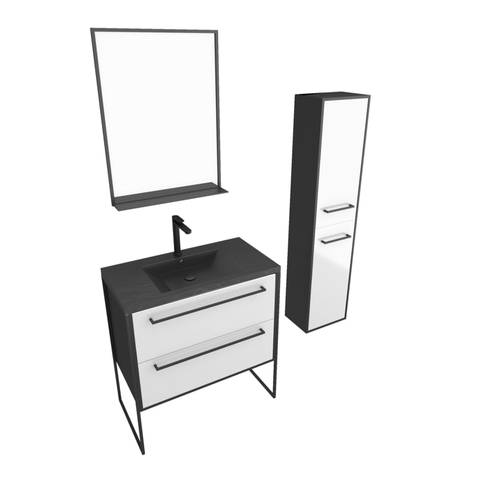 Pack meuble de salle de bain 80x50 cm - 2 tiroirs blanc - vasque noir - miroir - colonne suspendu