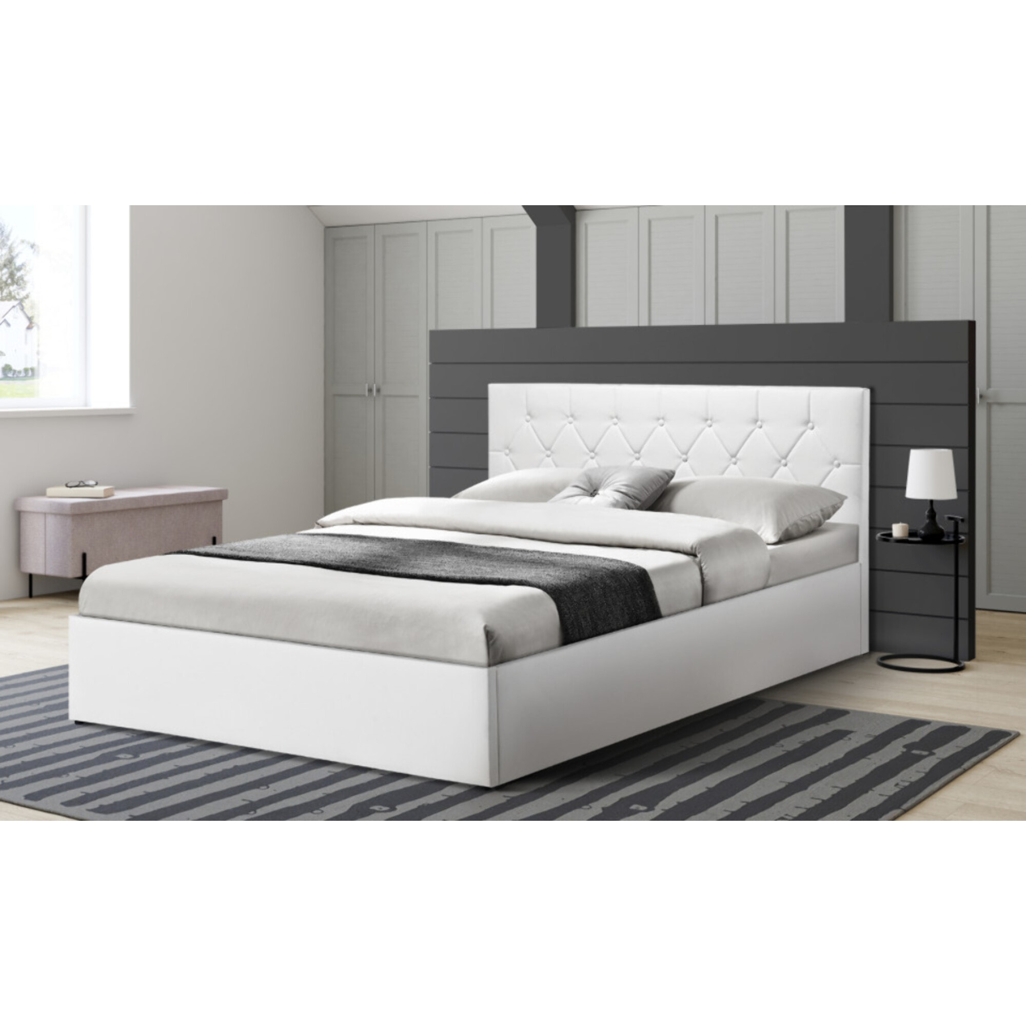 Lit coffre Hannah PVC avec sommier - Blanc