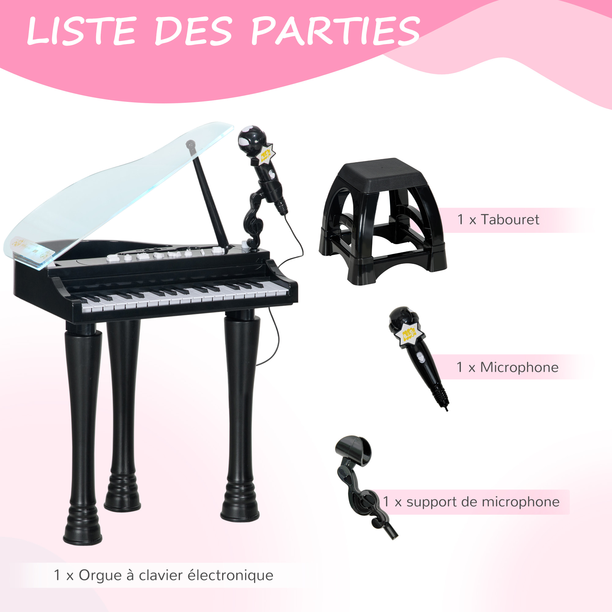 Jouet musical piano électronique - tabouret, micro et support - clavier 37 touches, effet lumineux, nombreux modes - PP noir