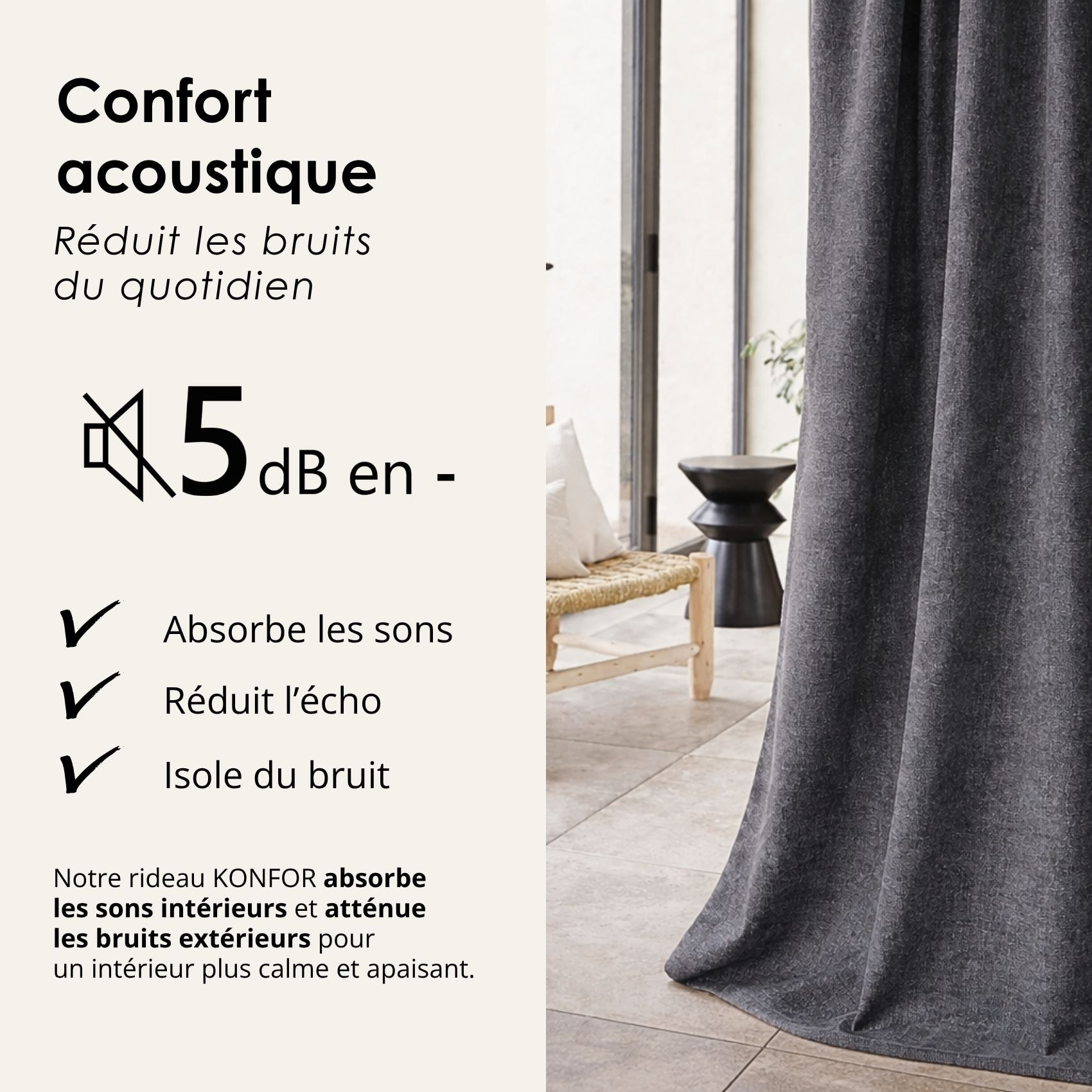 Rideau thermique phonique et semi occultant à galons fronceurs KONFOR - Gris anthracite