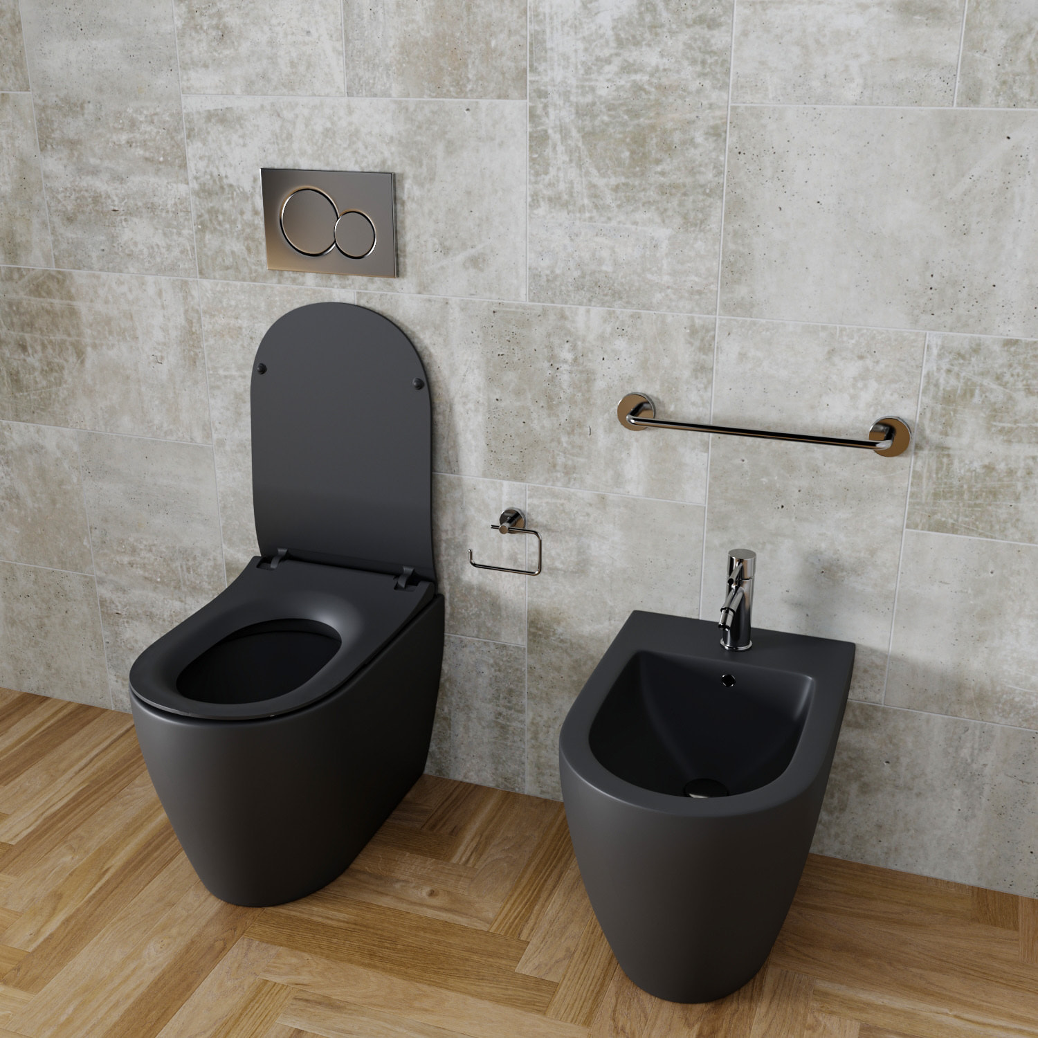 Coppia Sanitari Filomuro Filo Muro Filo Parete Vaso WC E Bidet Design Moderno Ceramica Copriwater Chiusura Soft Close Chiusura Rallentata Nero Opaco