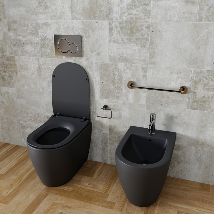 Coppia Sanitari Filomuro Filo Muro Filo Parete Vaso WC E Bidet Design Moderno Ceramica Copriwater Chiusura Soft Close Chiusura Rallentata Nero Opaco