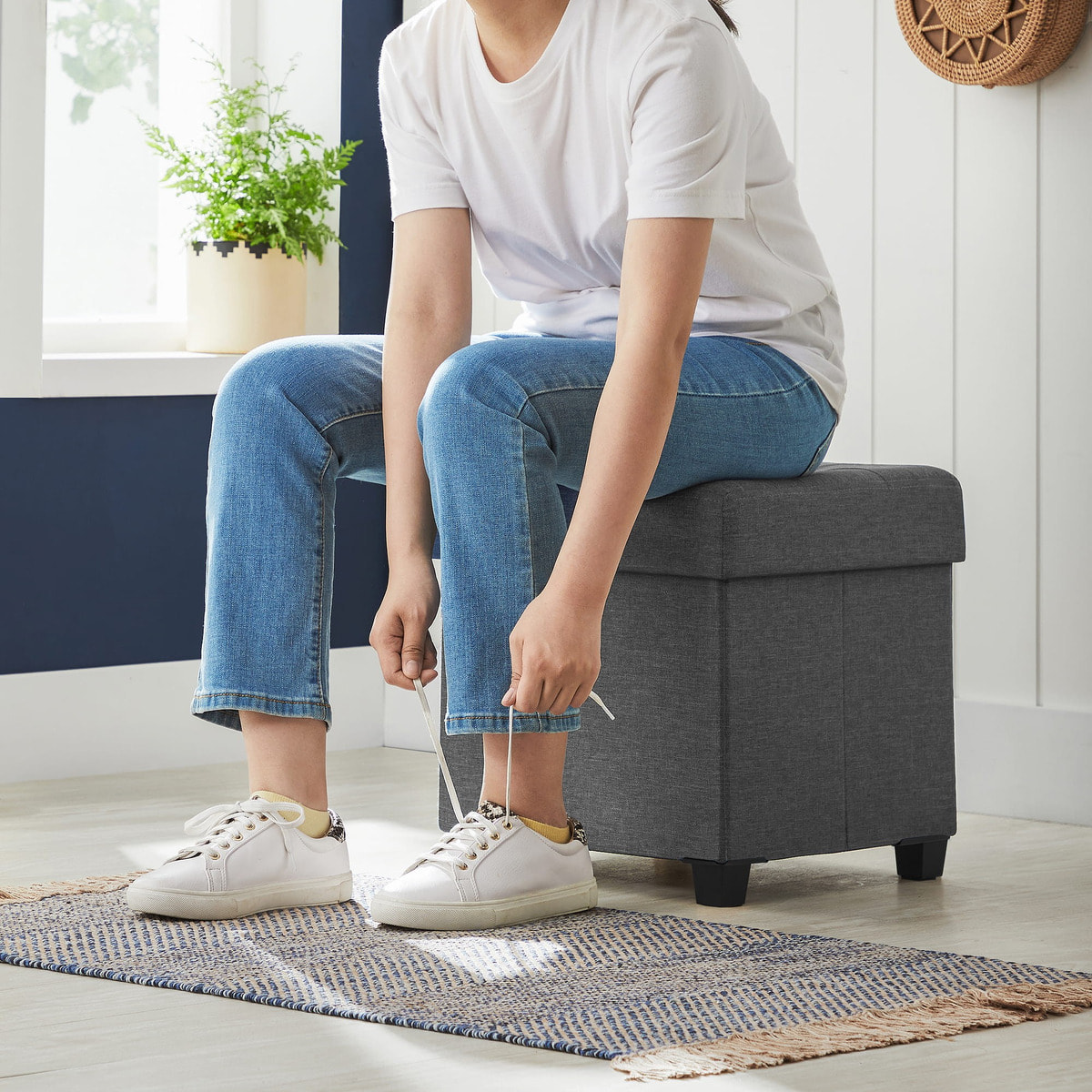 Pouf contenitore pieghevole in tessuto effetto lino grigio