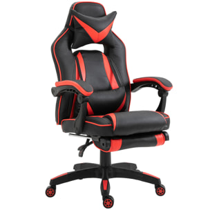 HOMCOM Fauteuil gamer grand confort fauteuil de bureau gamer pivotant inclinable avec coussins et repose-pieds revêtement synthétique noir rouge