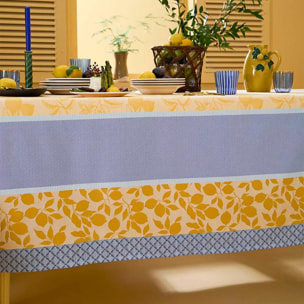Nappe pur coton enduit 220 g/m² motif jacquard bleu jaune Mille citrons provence