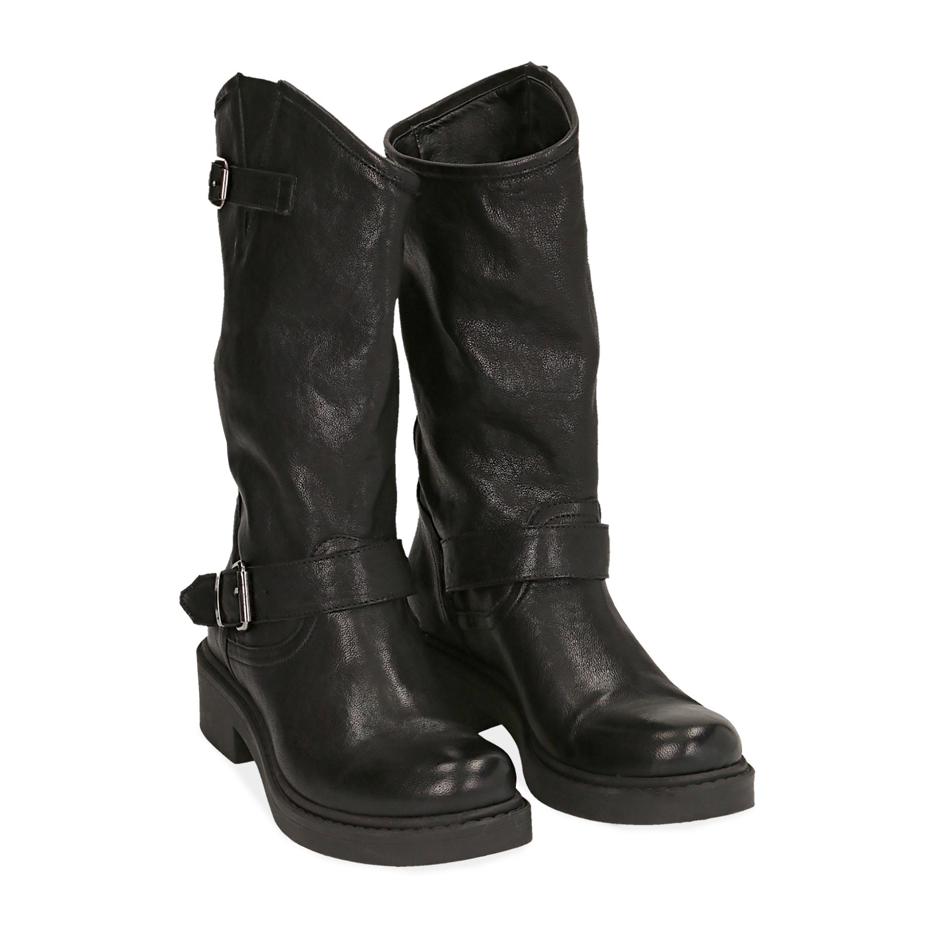 Biker boots neri in pelle con doppia fibbia