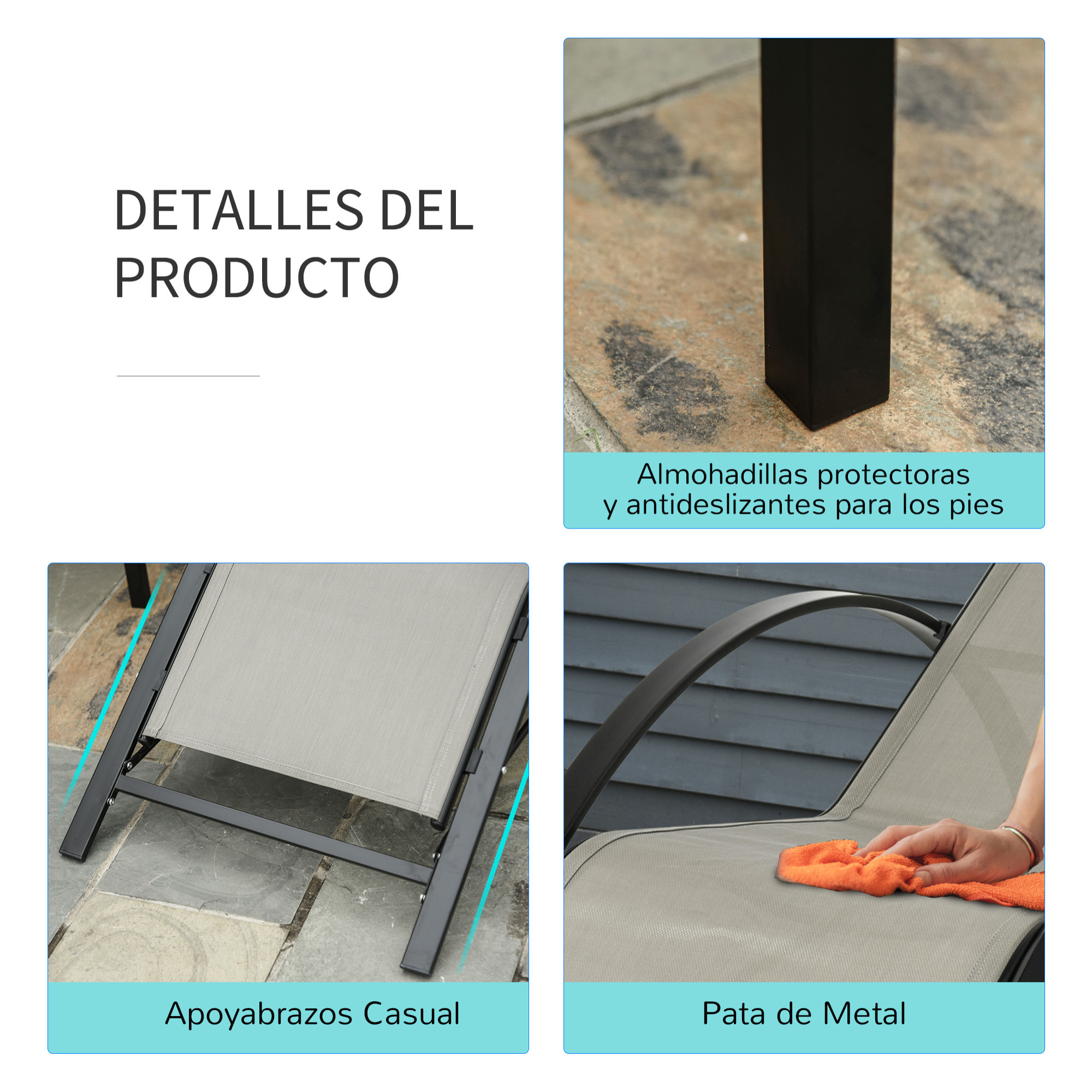 Set de 2 Tumbonas Jardín Exterior con Mesa Auxiliar de Vidrio Templado Tumbonas con Respaldo Reposabrazos para Patio Piscina Terraza Exterior Gris