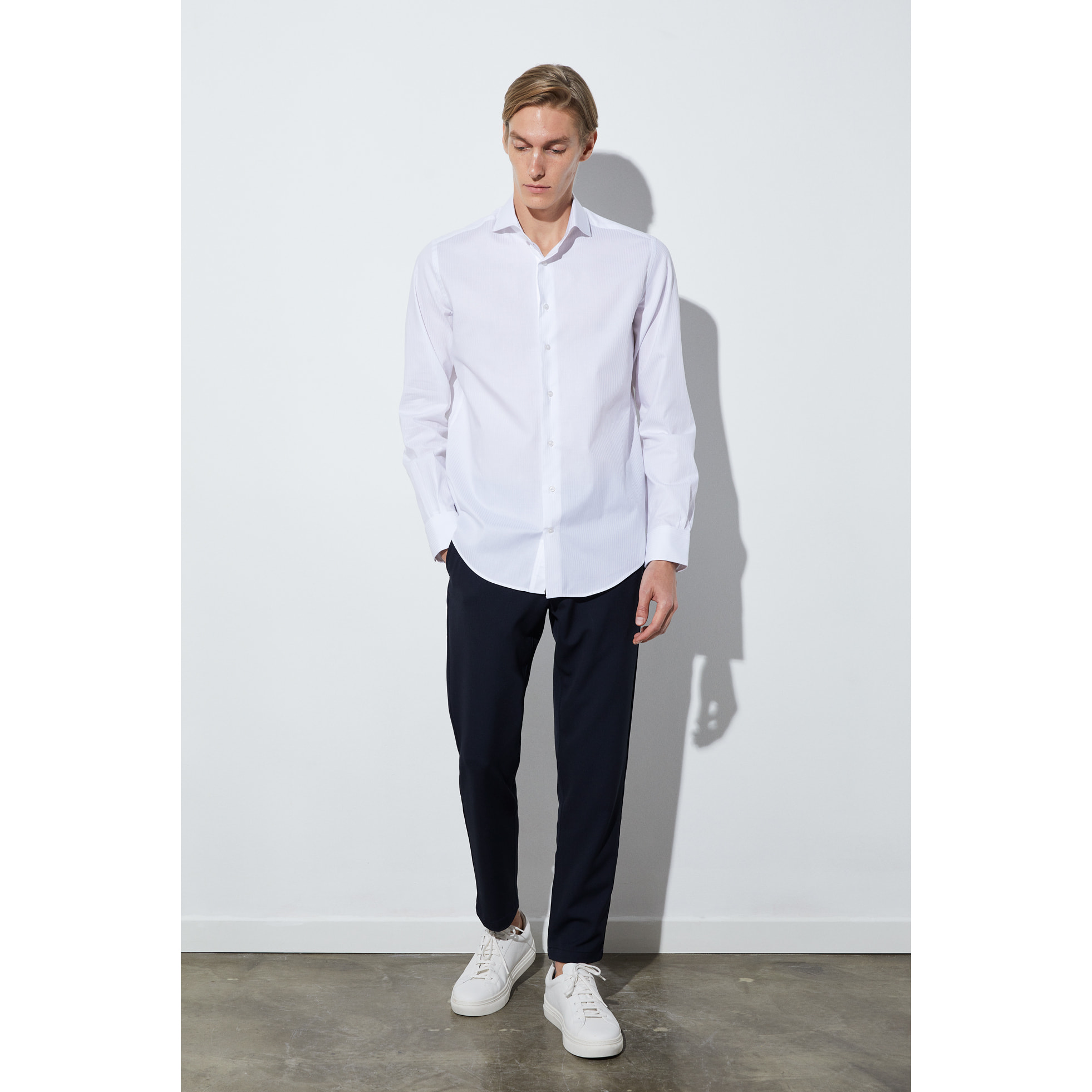 Camicia Uomo 1 Bottone Morbido Jacquard Fantasia Bianco e Bianco