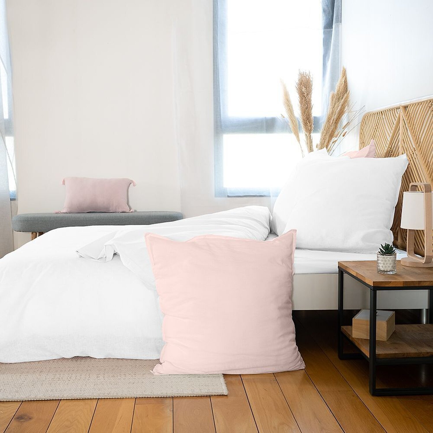 Parure housse de couette unie en coton lavé et lin - lynn - blanc pur