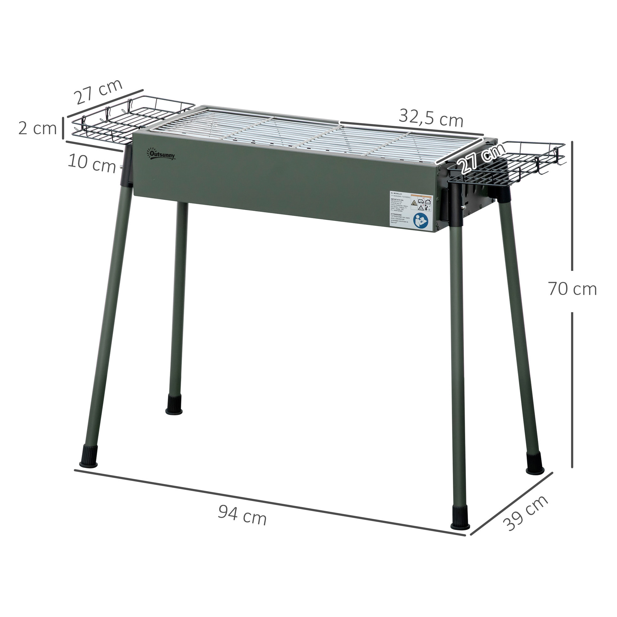 Barbacoa de Carbón Barbacoa Portátil 94x39x70 cm con 2 Parrillas de Acero Inoxidable y 2 Especieros para Acampar Picnic Camping Jardín Verde Oliva