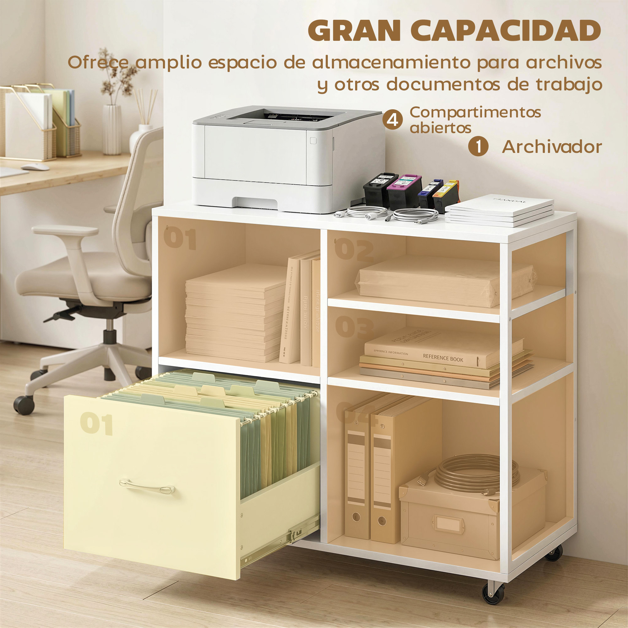 Mueble para Impresora con Ruedas, Mesa para Impresora con Estantes Abiertos y Cajón para Documentos Tamaño A4 y Carta, Archivador Móvil para Oficina en Casa, Blanco