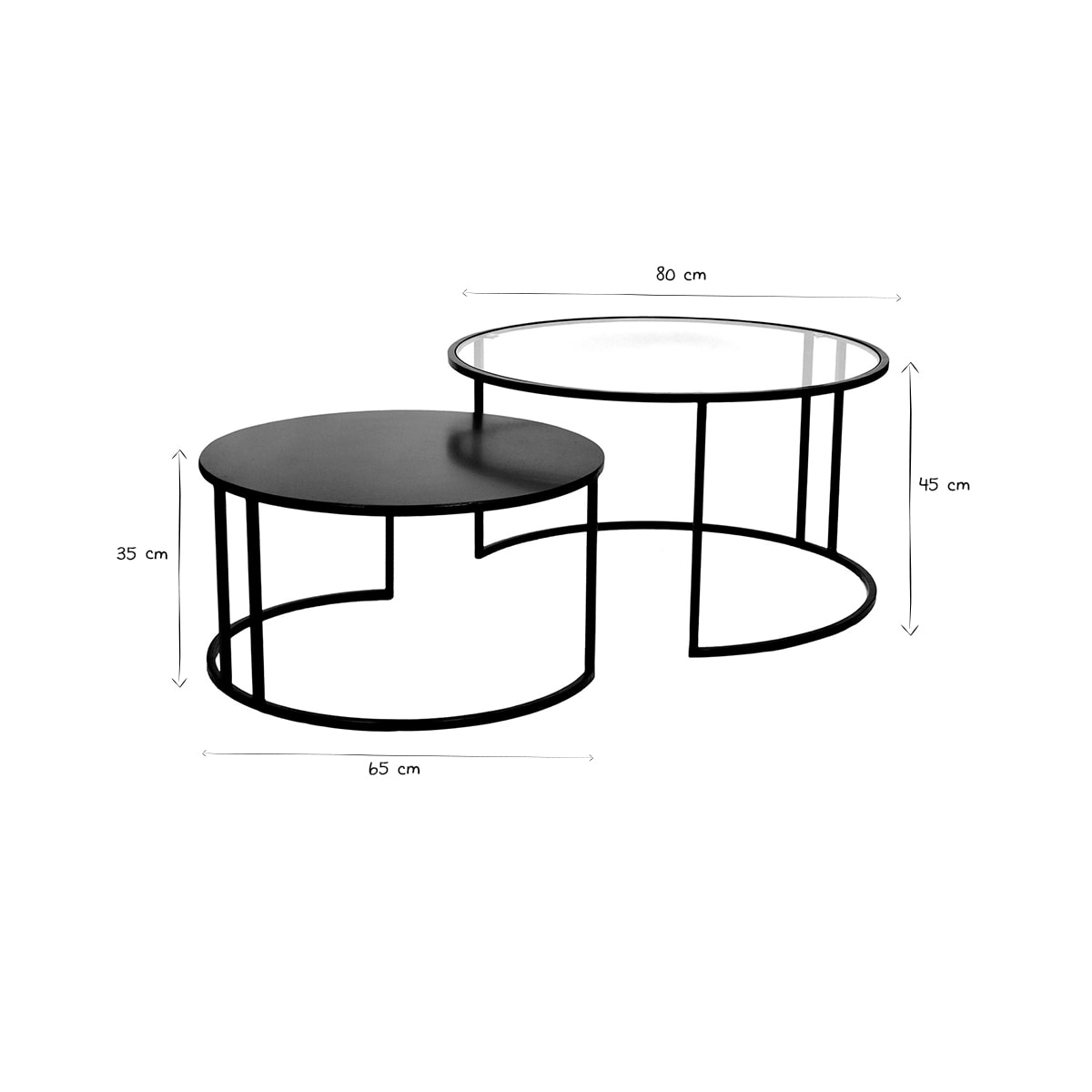 Tables basses gigognes rondes design verre trempé et métal noir TAHL (lot de 2)