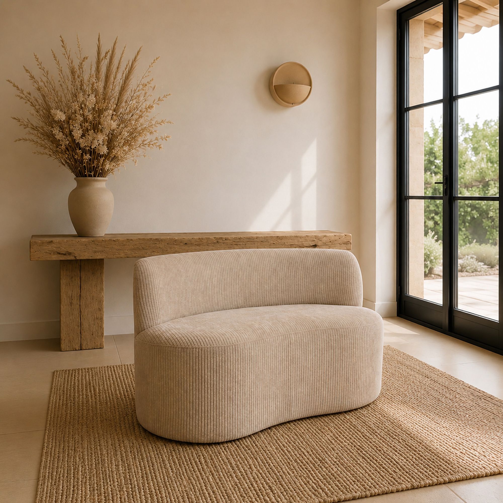 Canapé en tissu bouclette beige et structure en bois 2 places CÔME