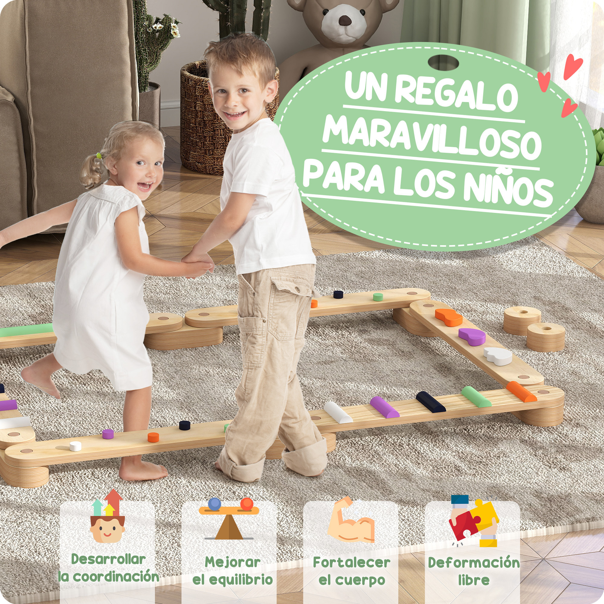 Juego de Viga de Equilibrio de Madera para Niños de +3 Años Barra de Equilibrio Infantil para Entrenamiento de Equilibrio en Interiores y Exteriores Multicolor