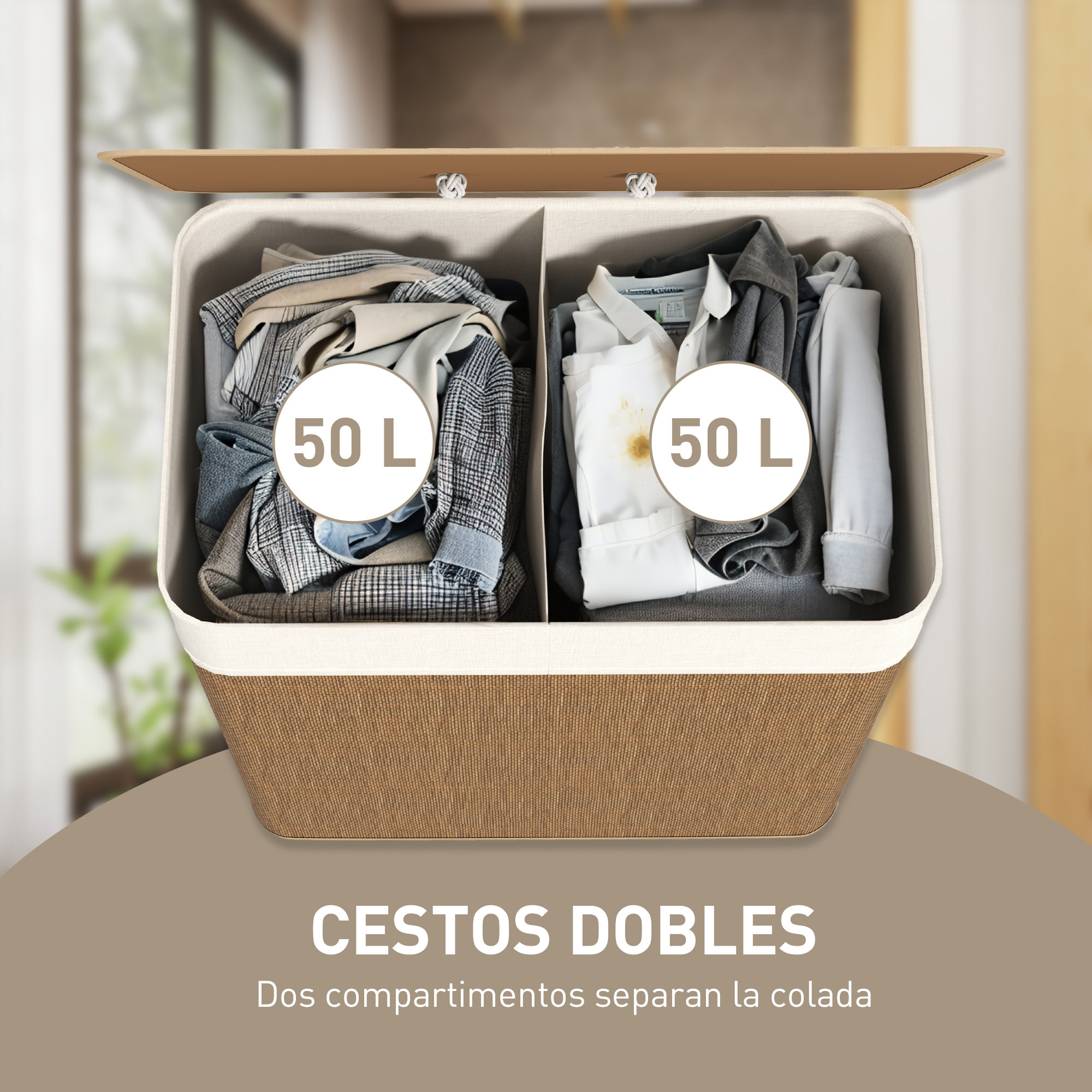 Cesto de Ropa Sucia con Tapa 100L Cesta Colada de Bambú con 2 Compartimentos Bolsa Interior Extraíble para Lavandería Dormitorio 52x32x63 cm Marrón