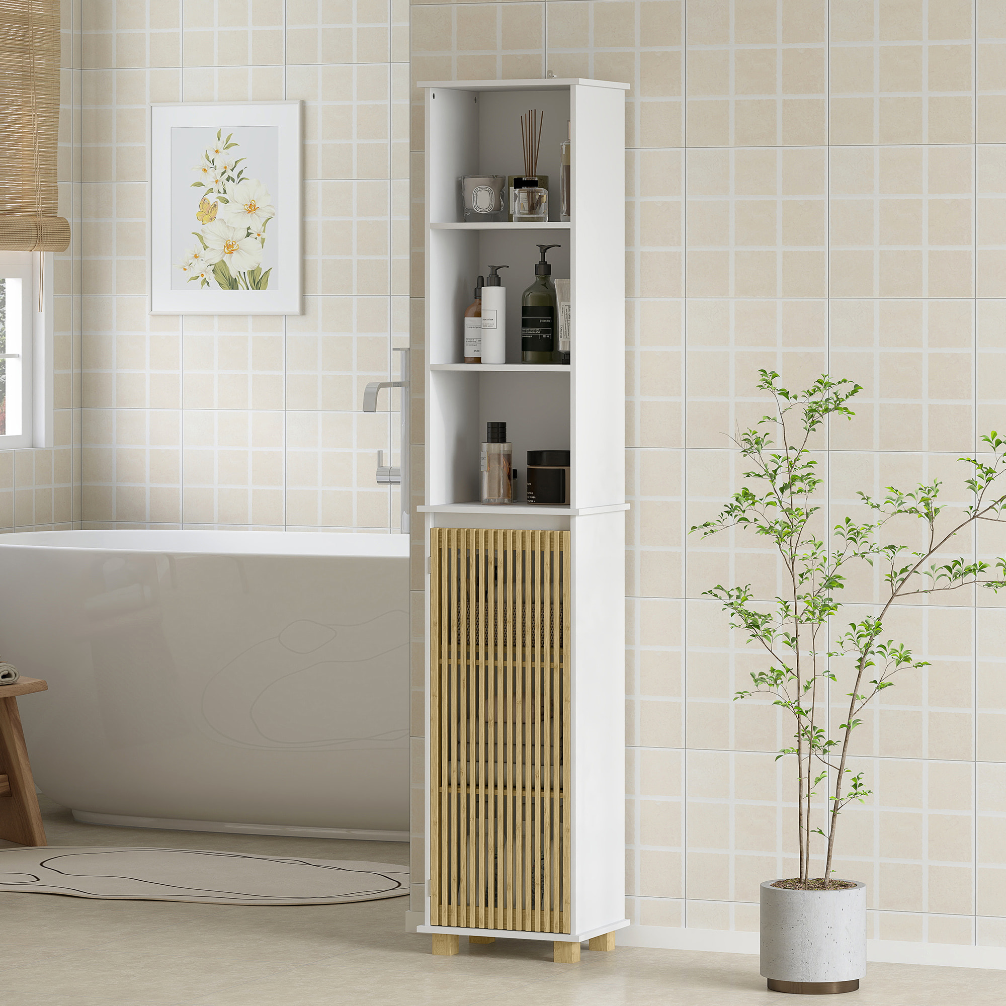 Colonne salle de bain H.173 cm - porte à lattes verticales, étagère, 3 niches - piètement bambou blanc