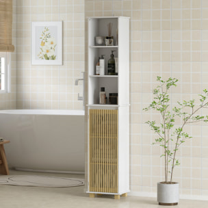 Colonne salle de bain H.173 cm - porte à lattes verticales, étagère, 3 niches - piètement bambou blanc