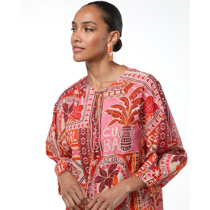 Abito corto multicolore in lurex con stampa tropicale