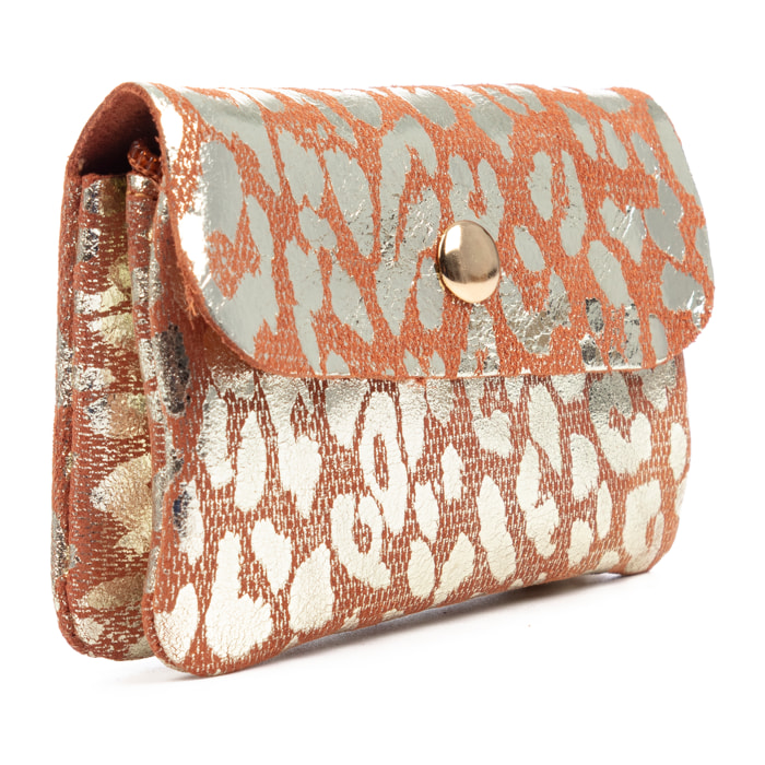 Alpignano monedero mujer. Piel auténtica Gamuza, diseño animal print leopardo, lacada brillante.
