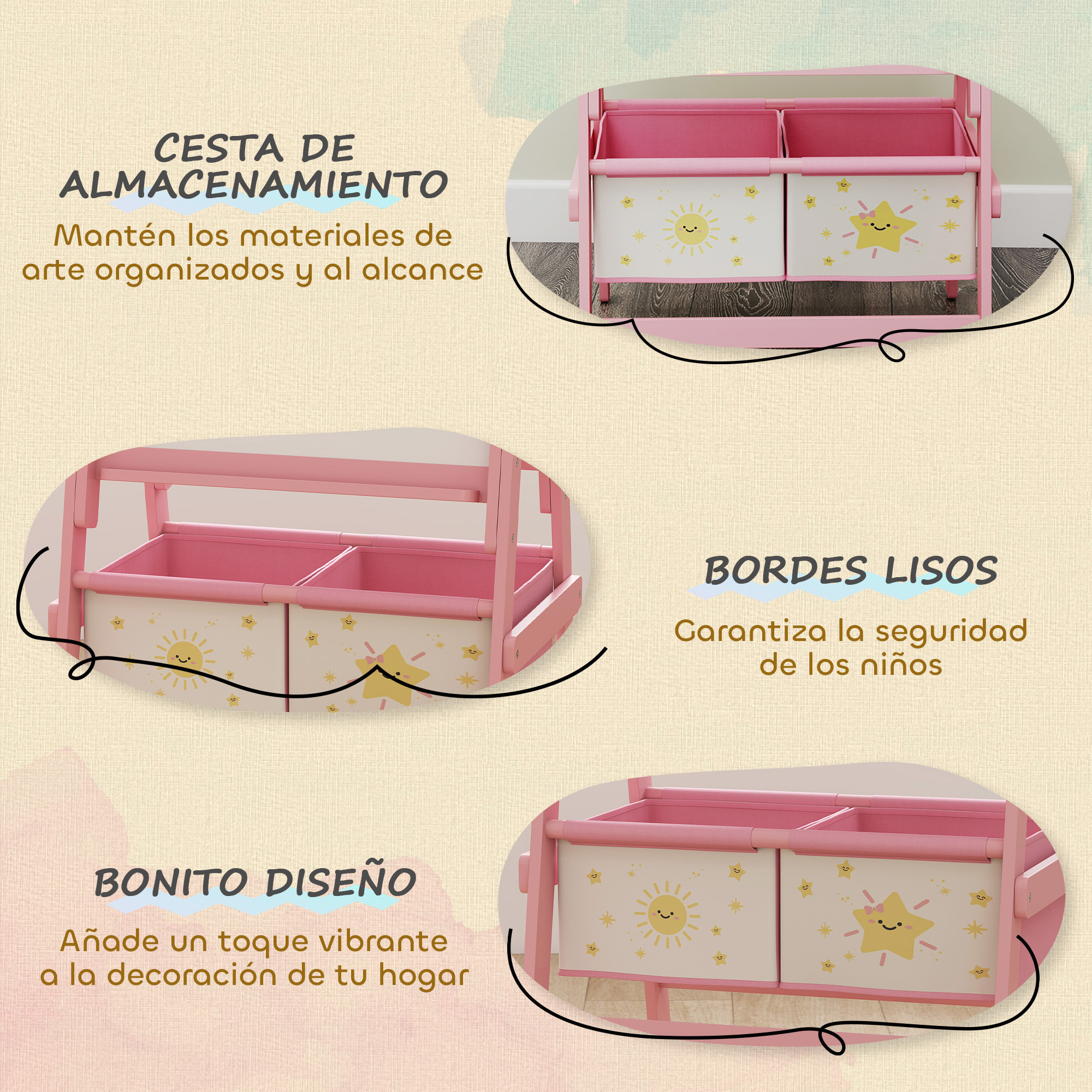 Pizarra Infantil Caballete 3 en 1 Pizarra Infantil de Doble Cara Caballete de Pintura para Niños de +3 Años con Rollo de Papel y Cestas de Almacenamiento 54x46x94 cm Rosa