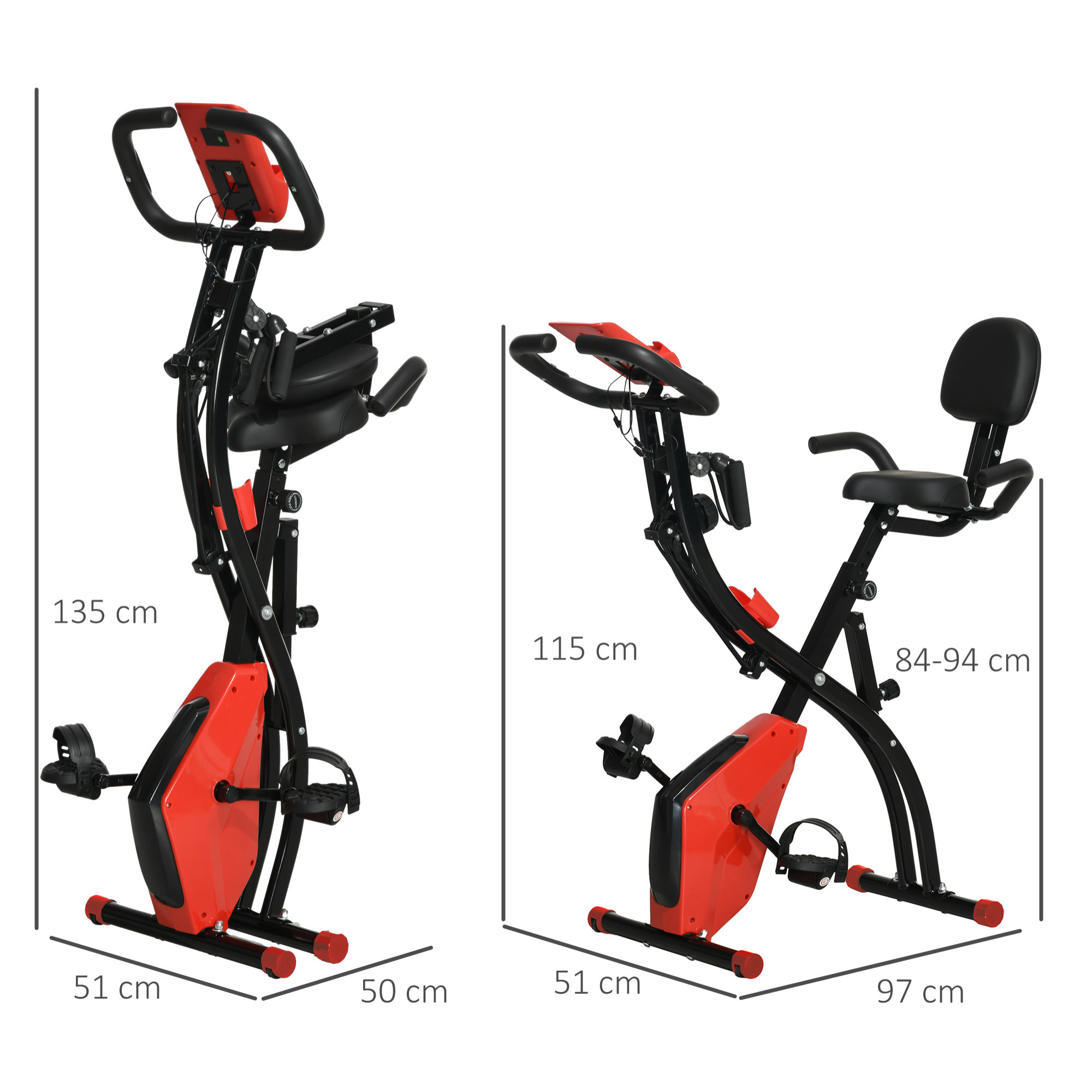 Bicicleta Estática Plegable 3 en 1 con Respaldo y 8 Niveles Resistencia Magnética, Bicicleta Estática para Casa Ajustable con Monitor LCD Volante Banda Sensor de Pulso Soporte de Teléfono Rojo