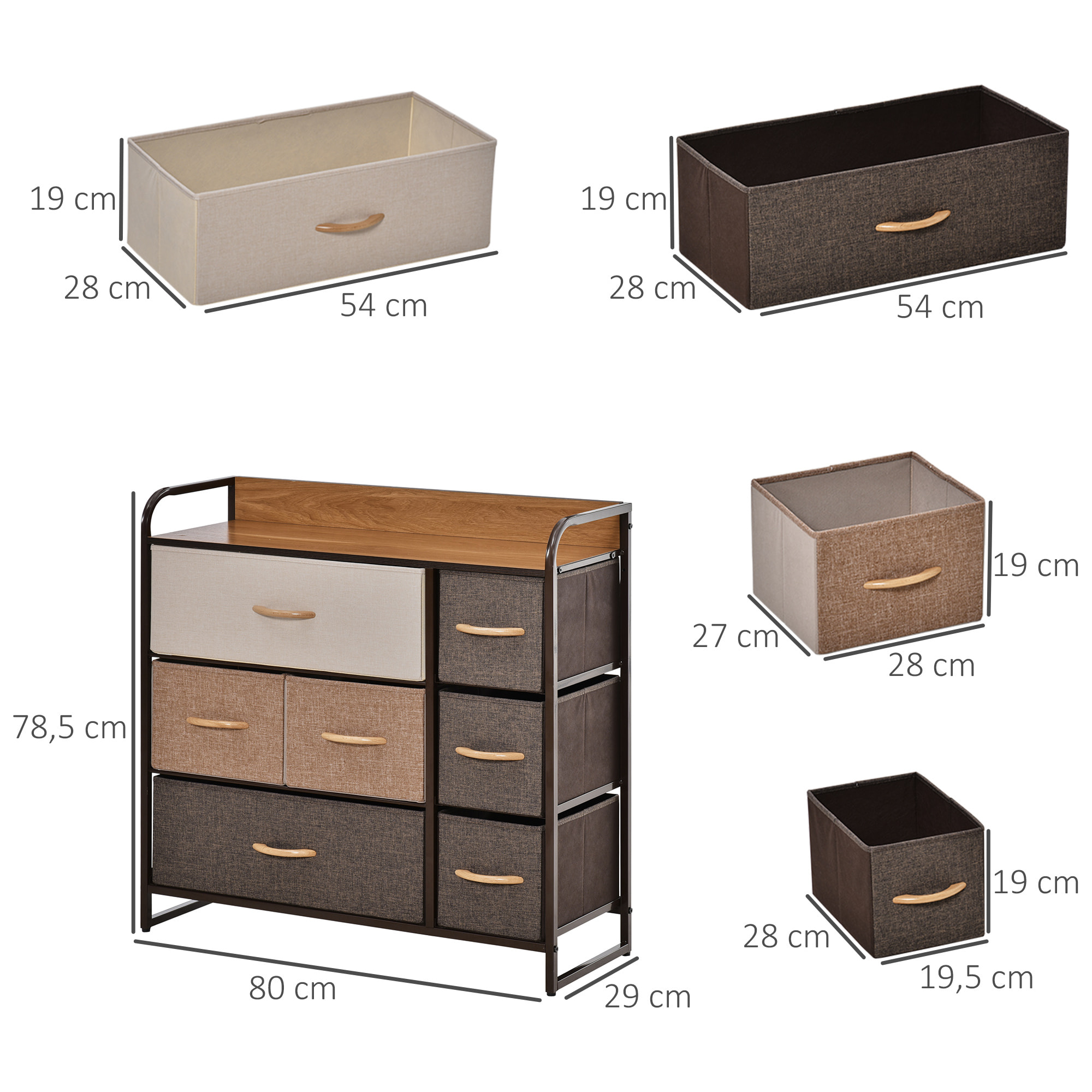 Meuble de rangement commode 7 tiroirs plateau MDF aspect bois acier non tissé marron beige