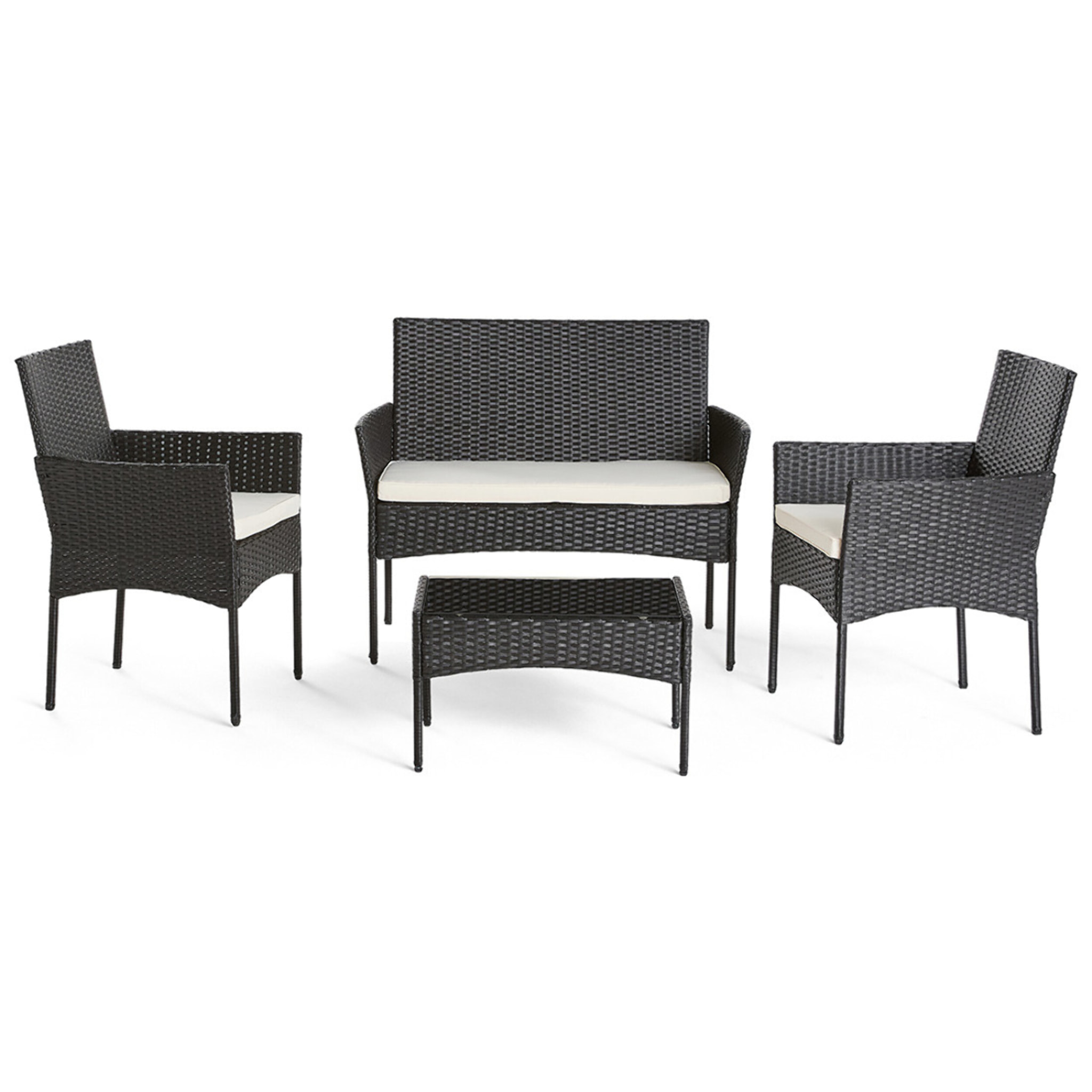 Marbella - salon bas de jardin 4 places - en résine tressée - noir avec coussins beiges - Noir / Blanc
