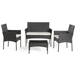 Marbella - salon bas de jardin 4 places - en résine tressée - noir avec coussins beiges - Noir / Blanc