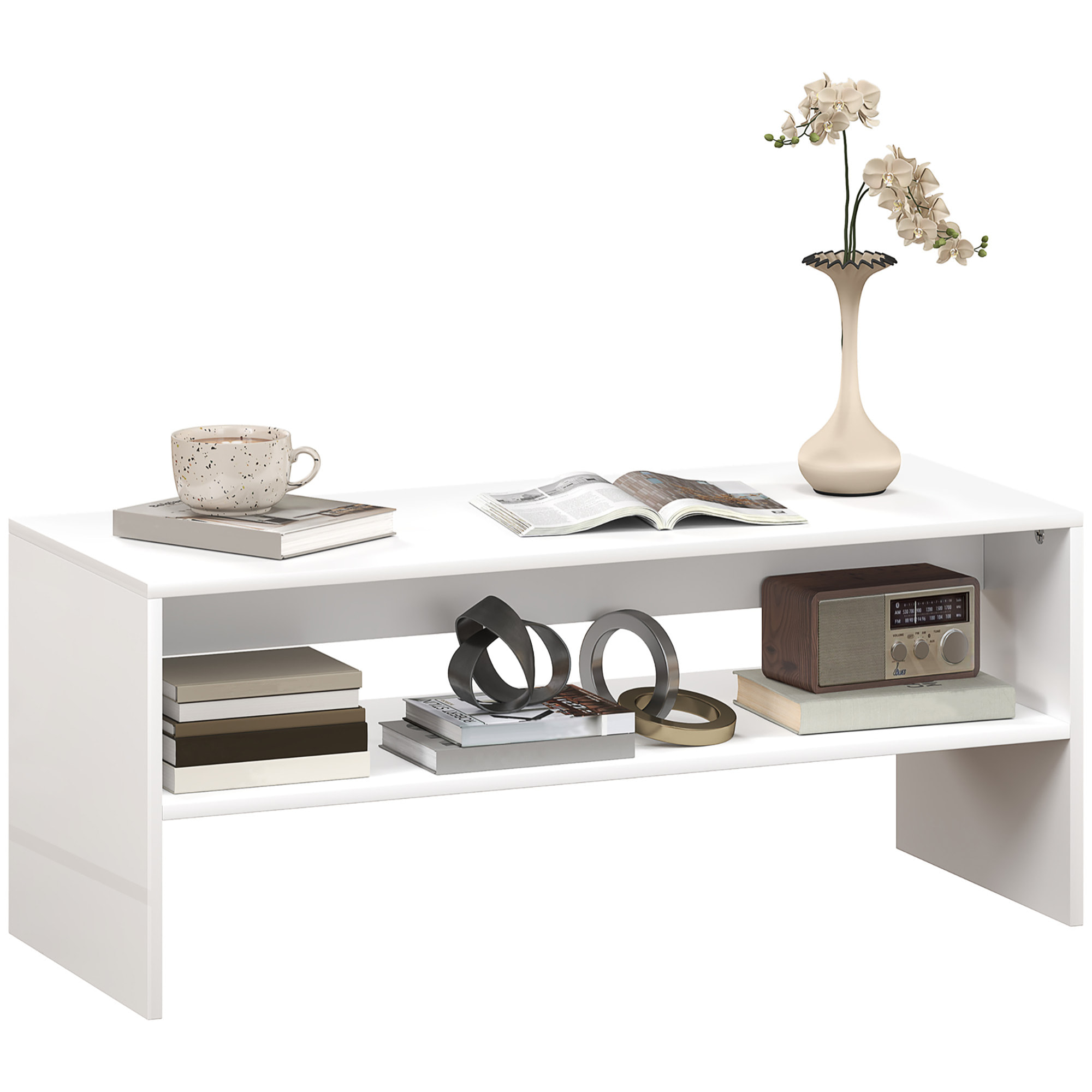 Mesa de Centro Mesa Auxiliar con Compartimento Abierto Mesa de Café para Salón Comedor 100x40x41,5 cm Blanco Brillante