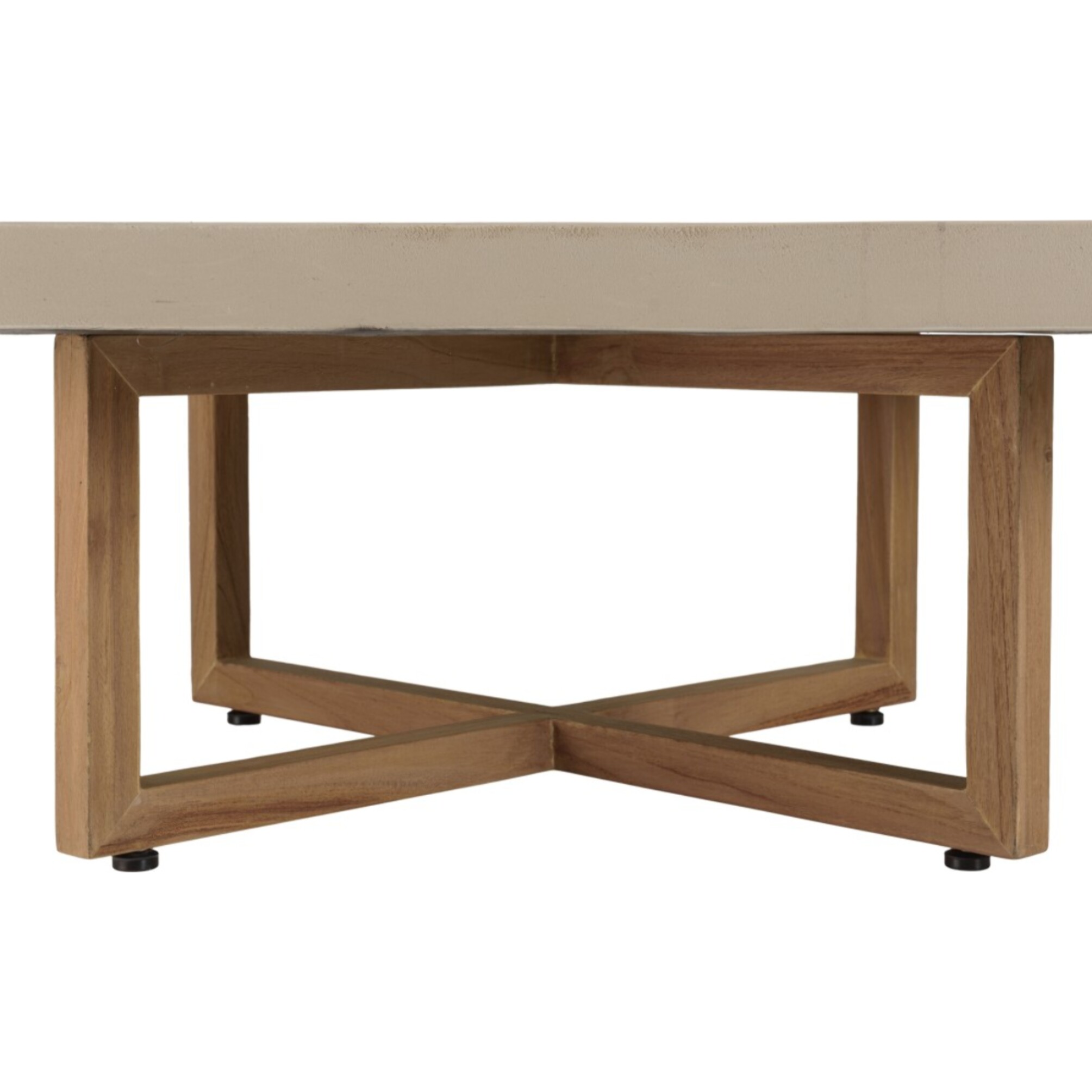 DAK - Table basse ronde 92x92cm en béton beige pieds croisés en teck