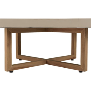 DAK - Table basse ronde 92x92cm en béton beige pieds croisés en teck