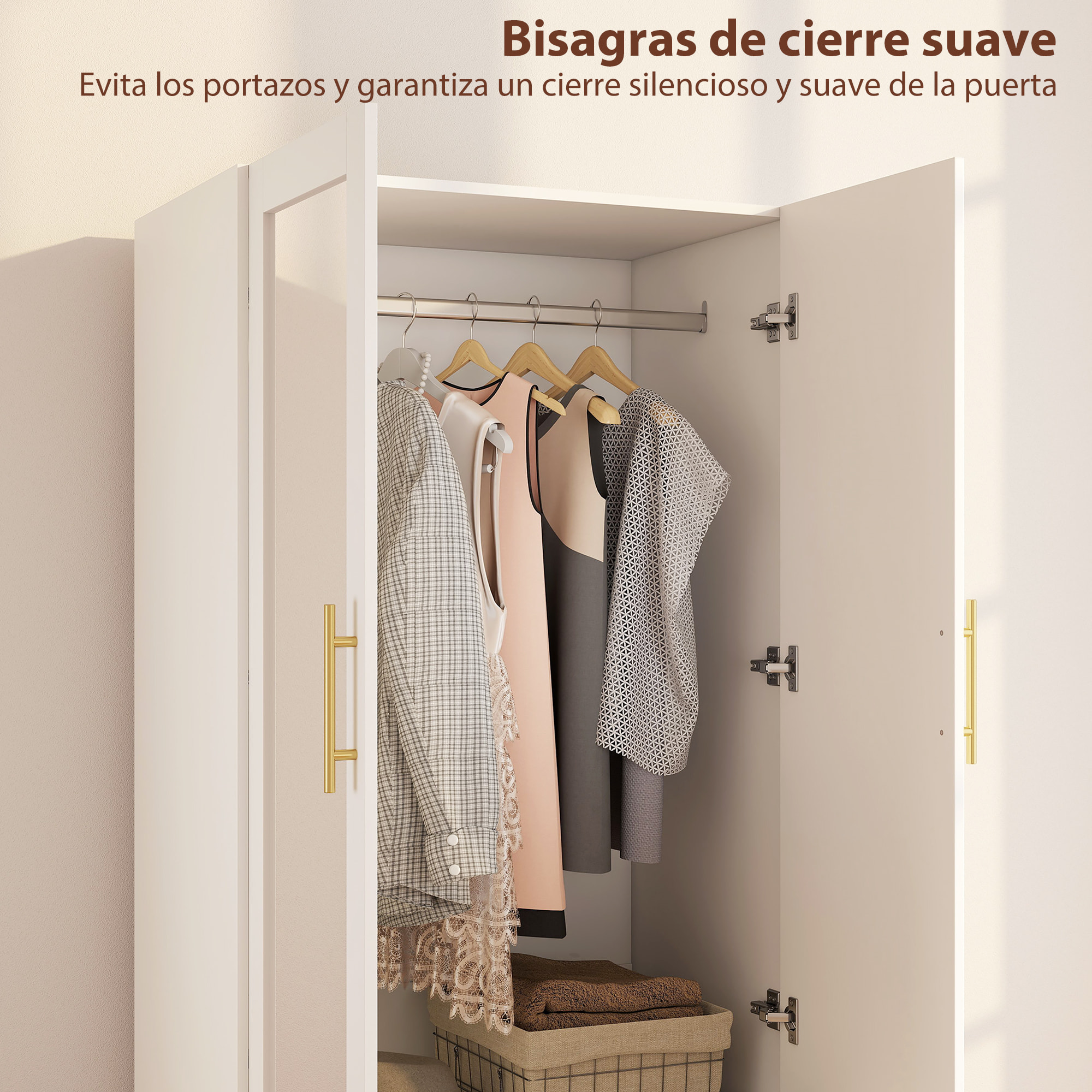 Armario Dormitorio 2 Puertas y 2 Cajones, Armario Ropero con Espejo, Relieve de Diamante, Barra para Colgar, Estilo Moderno, 80x50x180 cm, Blanco