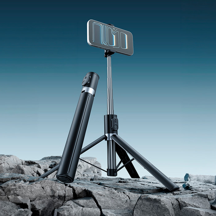 Palo de selfie extensible de hasta 1,7 m con función trípode y control remoto.