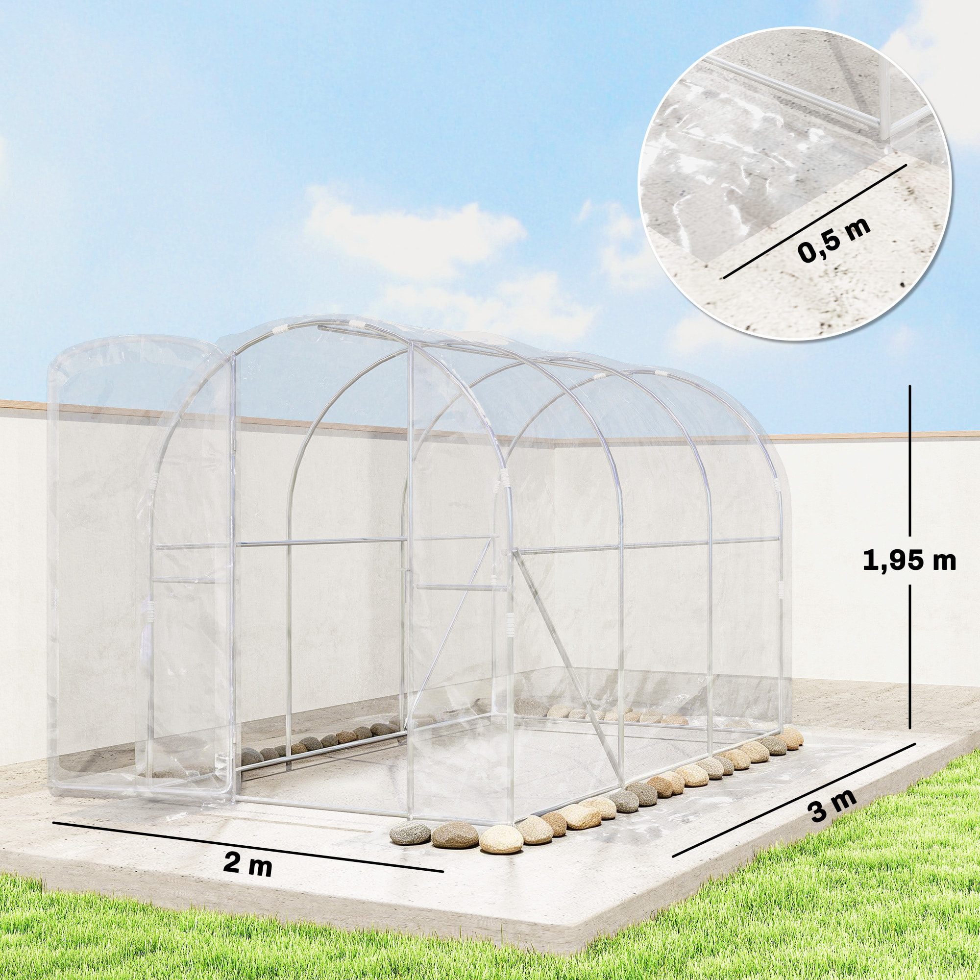 Serre tunnel de jardin 6 m² - 3 x 2 x 2 m - porte - acier galvanisé PE 150 g/m² transparent