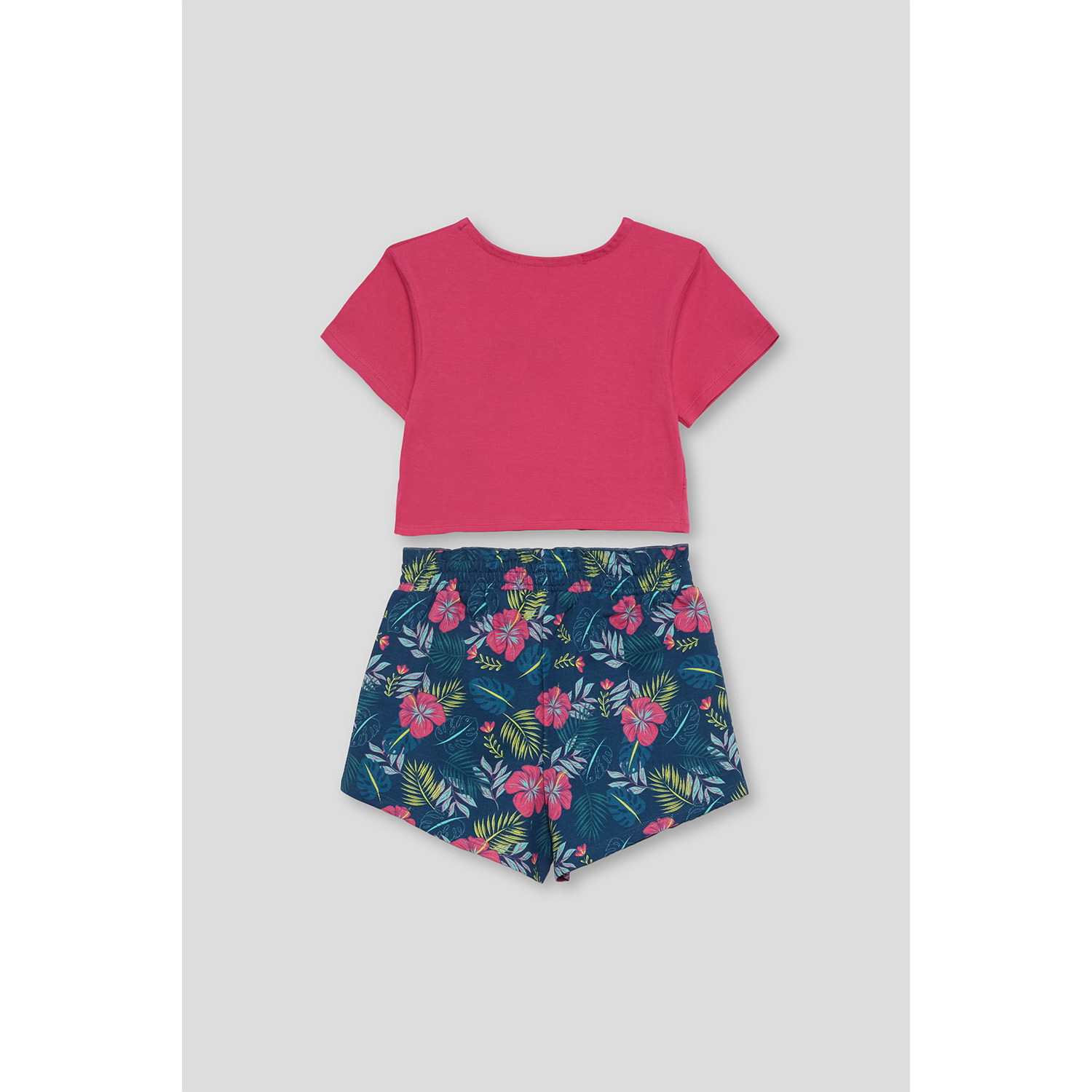 Conjunto Niña Top Color Grosella Crop “Aloha” con Nudo Frontal + Shorts Estampado Tropical Look Veraniego en Algodón Suave, Fresco | Color: Grosella | Street Monkey