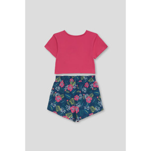 Conjunto Niña Top Color Grosella Crop “Aloha” con Nudo Frontal + Shorts Estampado Tropical Look Veraniego en Algodón Suave, Fresco | Color: Grosella | Street Monkey