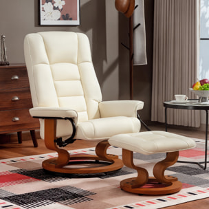 Fauteuil relax inclinable pivotant réglable avec repose-pied bois revêtement synthétique crème