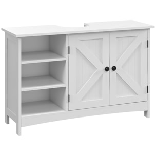 Meuble vasque - meuble sous-vasque - 2 portes croisillon, étagère, 3 niches - poignées boutons métal noir - dim. 90L x 30l x 60H cm - MDF blanc