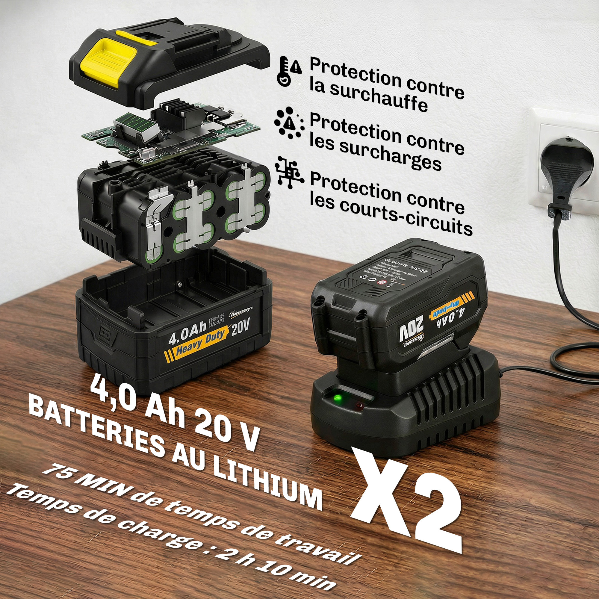 Motobineuse sans fil 355W 2 batteries 2 x 20V 4 fraises acier gris