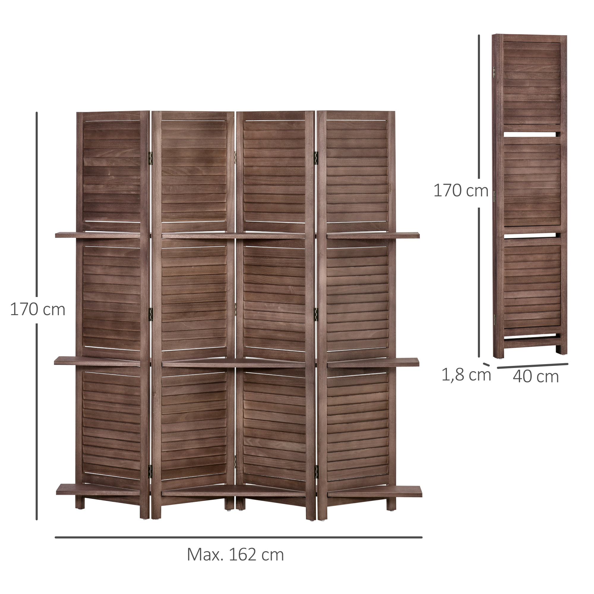 Biombo Plegable de 4 Paneles de Madera, 162x170 cm, Biombo Separador de Ambientes con 3 Estantes, Diseño de Persianas, Decoración para Dormitorio, Salón, Nogal