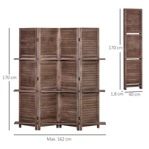 Biombo Plegable de 4 Paneles de Madera, 162x170 cm, Biombo Separador de Ambientes con 3 Estantes, Diseño de Persianas, Decoración para Dormitorio, Salón, Nogal