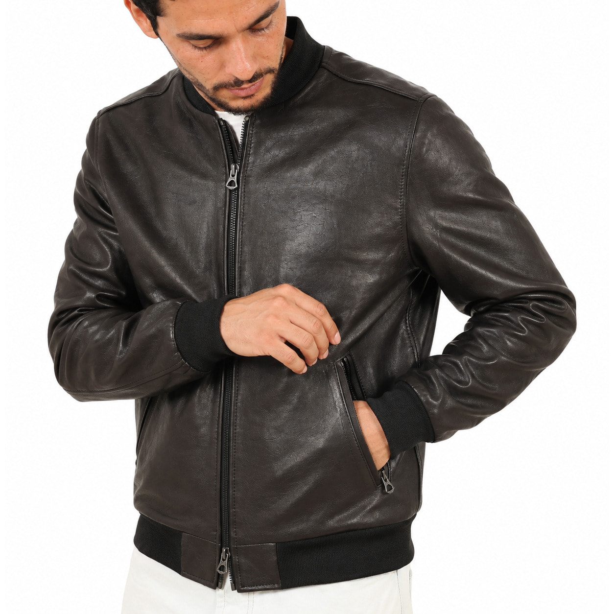 Giubbino in vera pelle di vitello rifinizione vegetale Nero -Slim Fit