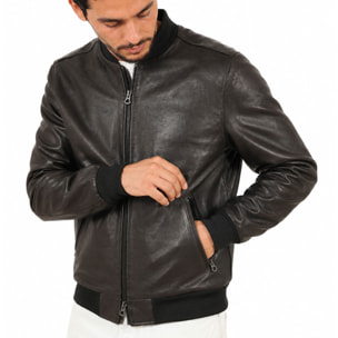 Giubbino in vera pelle di vitello rifinizione vegetale Nero -Slim Fit