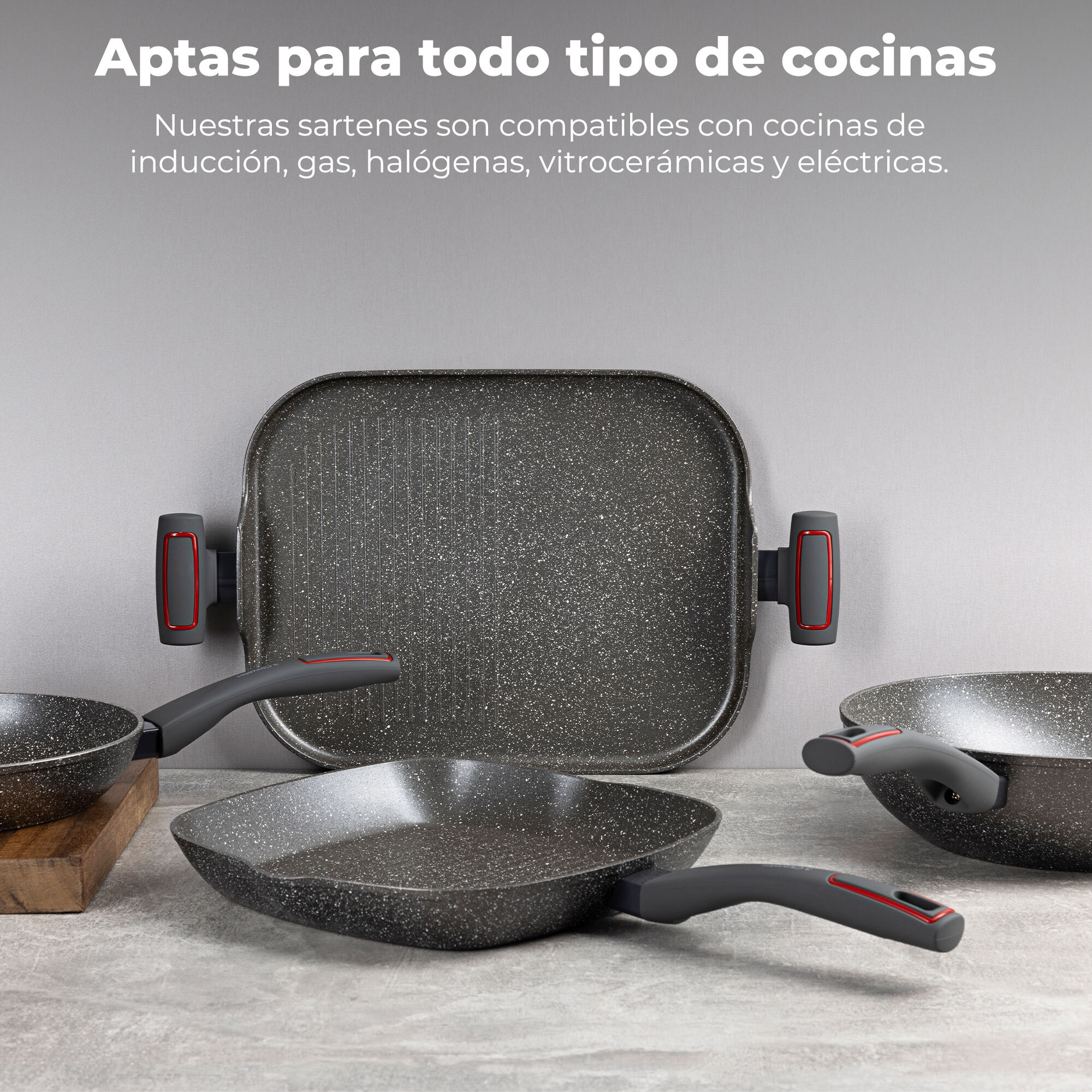 Set de 4 sartenes ø20ø24ø28ø30cm + asador ø28cm + wok ø28cm + parrilla de 35cm en aluminio forjado, 3 claveles