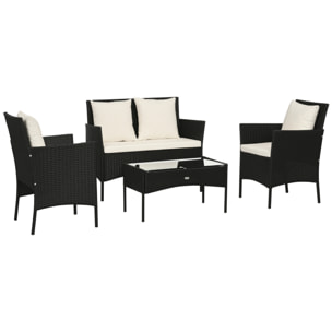 Conjunto de Jardín de Ratán Sintético Juego de 4 Piezas Muebles de Jardín con 2 Sillones 1 Sofá de 2 Plazas 1 Mesa de Centro con Tablero de Vidrio y Cojines Negro y Crema